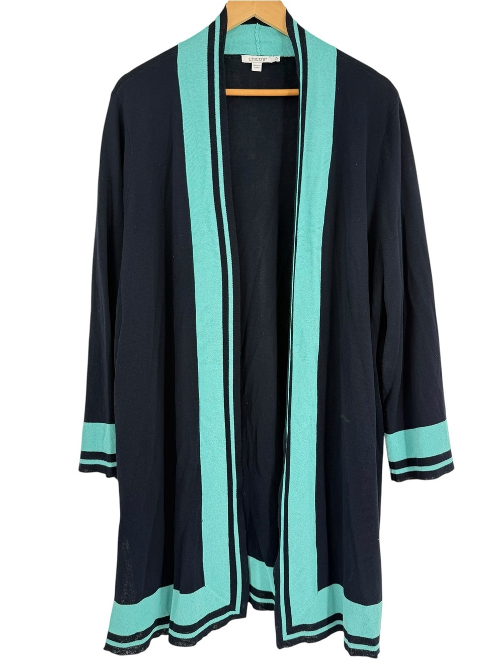 Chico's Slinky Knit Open Front Long Cardigan size 4 (XXL) Blue Green